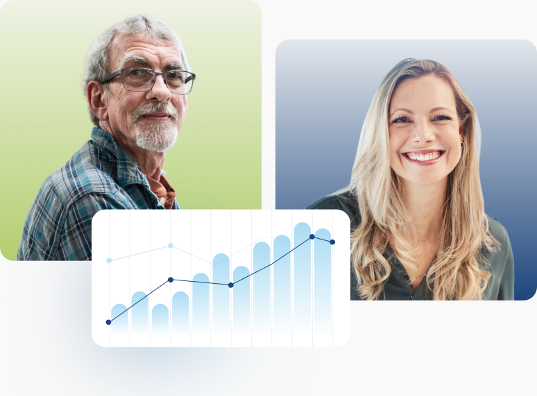 Two Profit First Professionals members beside a chart showing steadily rising profit
