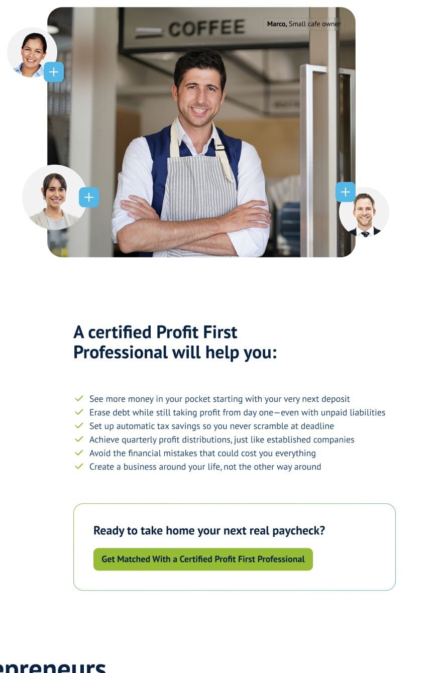 A small-business owner with floating profile bubbles of matched Profit First Professionals
