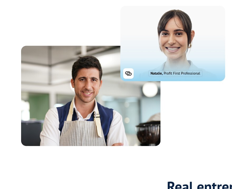 A small-cafe owner, with a floating profile card for Natalie, a Profit First Professional