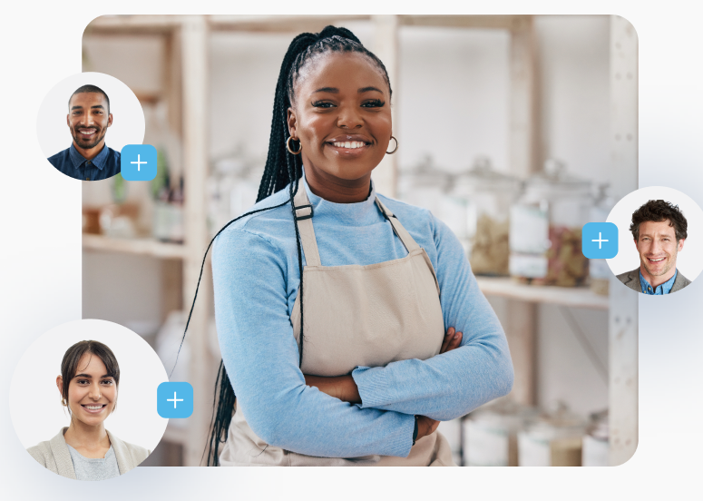 A small-business owner standing in her shop, surrounded by portraits of Profit First Professionals